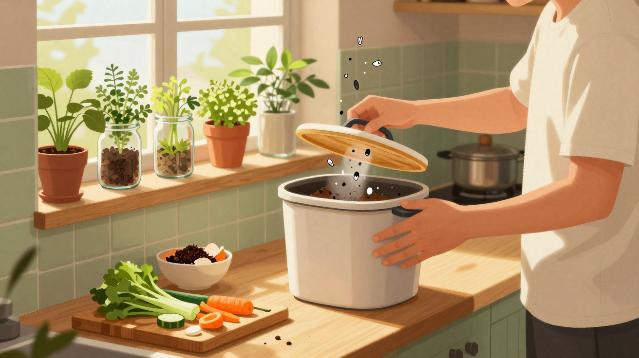 Pessoa a temperar comida numa cozinha com legumes frescos e plantas em vaso na janela.
