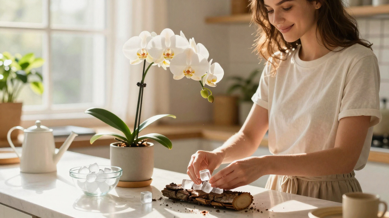 Mulher em cozinha a preparar planta com cubos de gelo, ao lado uma orquídea branca em vaso.