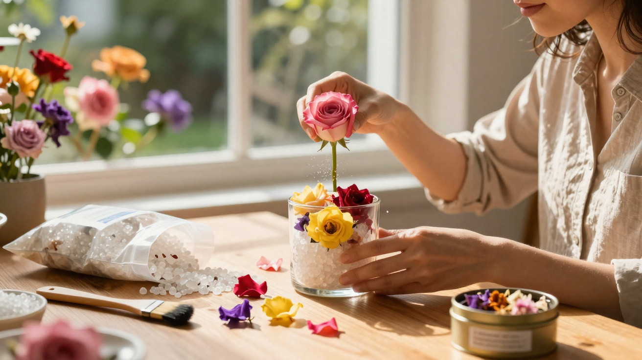 Pessoa a colocar uma rosa rosa num copo com flores coloridas e pérolas de gel sobre uma mesa.