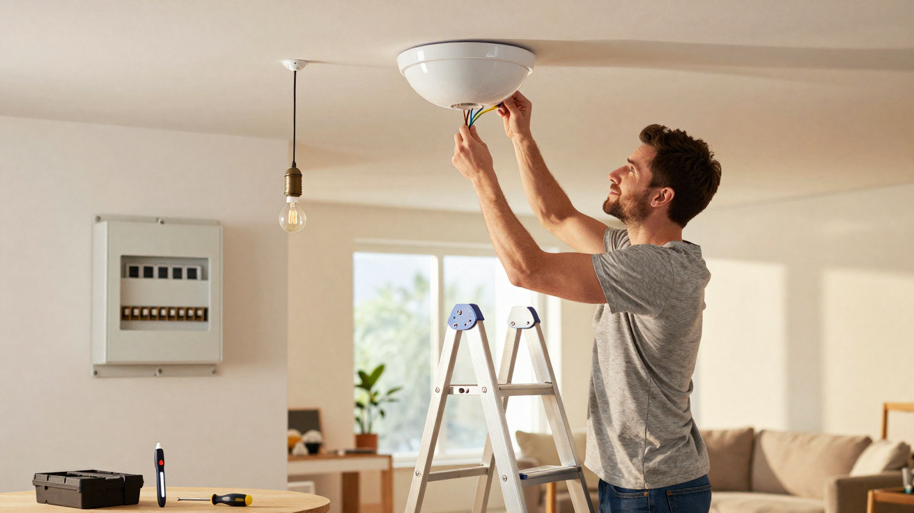 Homem a instalar uma luminária no teto de uma sala iluminada e moderna.