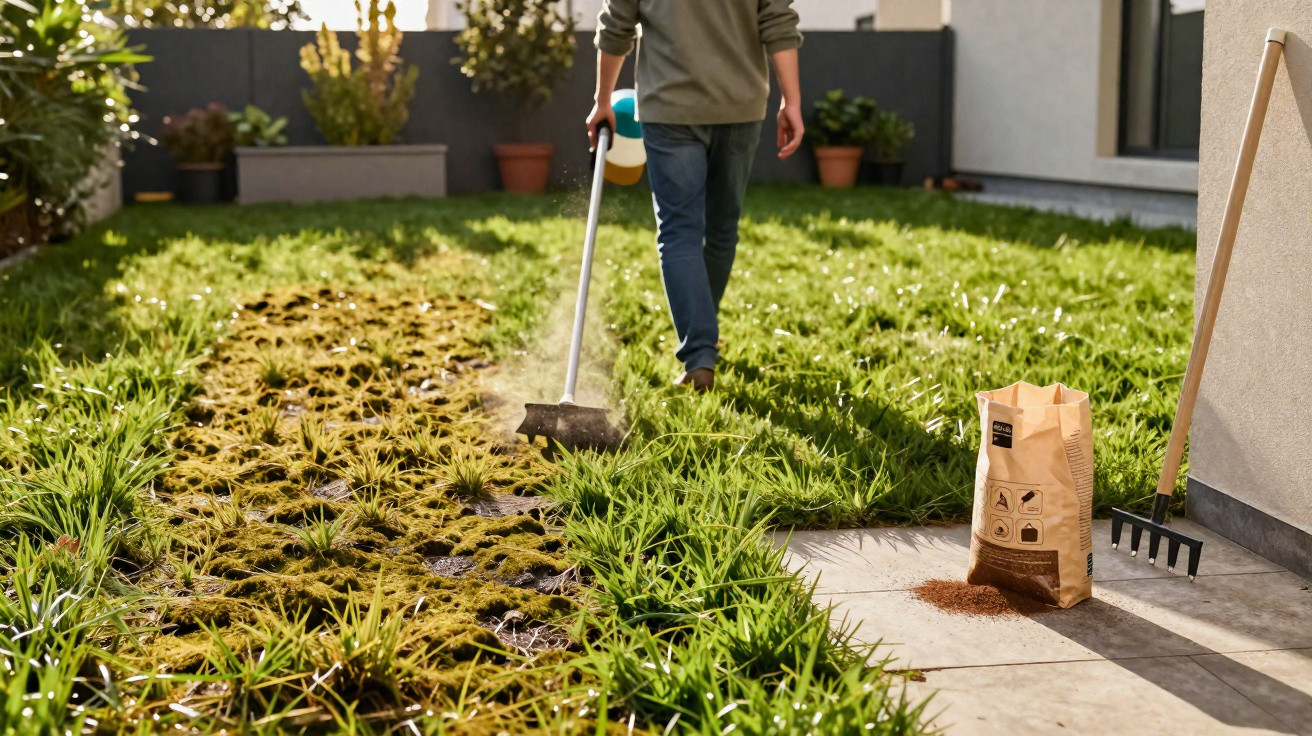 Pessoa a arrancar musgo e cuidar do relvado num jardim com ferramentas e fertilizante junto ao muro.