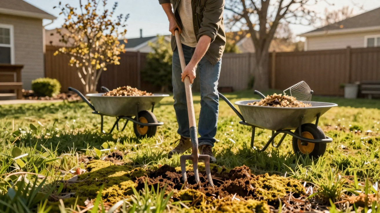 Pessoa a cavar terra num jardim com carrinhos de mão cheios de folhas secas ao fundo.