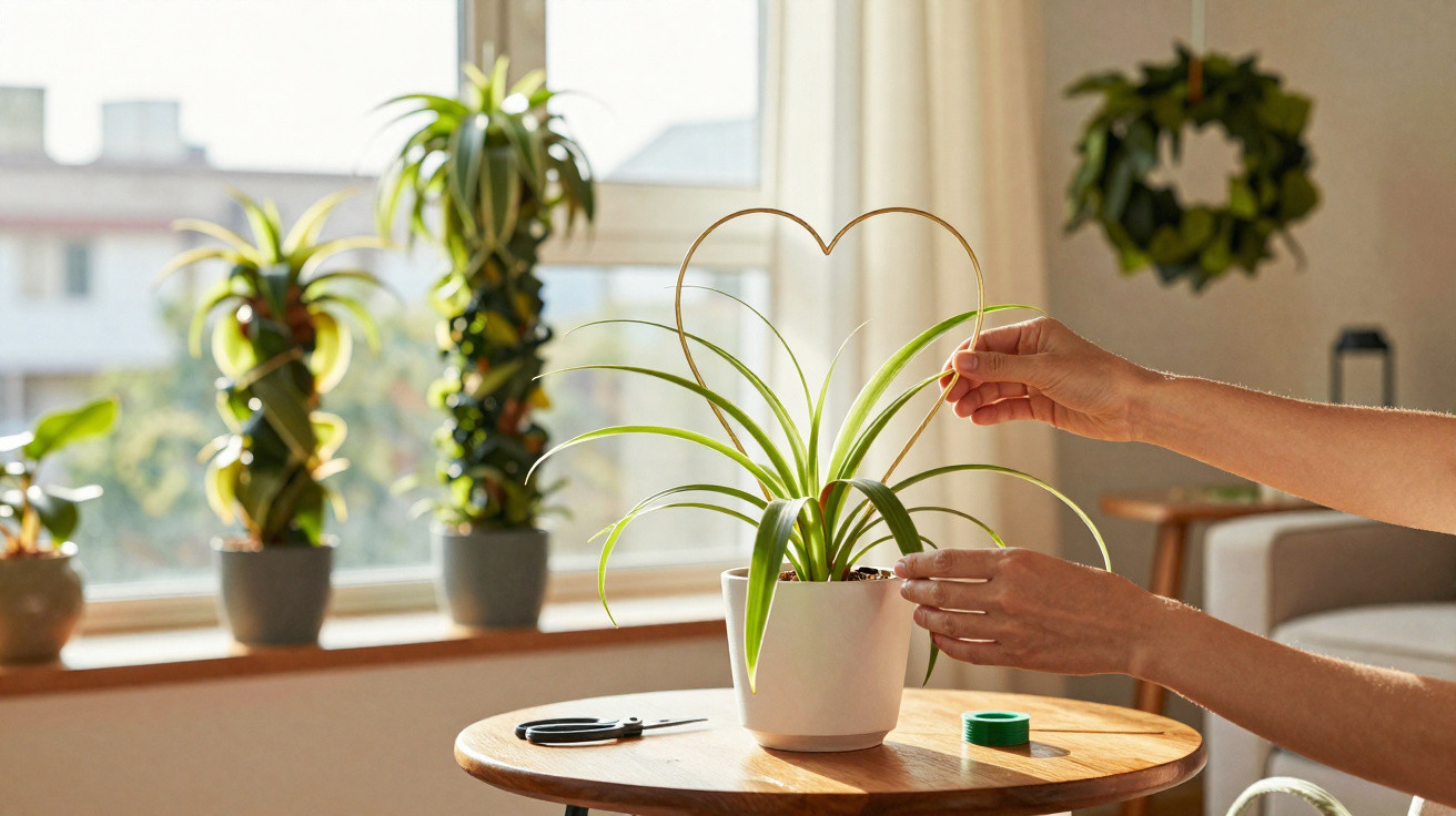 Pessoa a fazer uma forma de coração com arame verde à volta de planta num vaso branco numa sala iluminada.