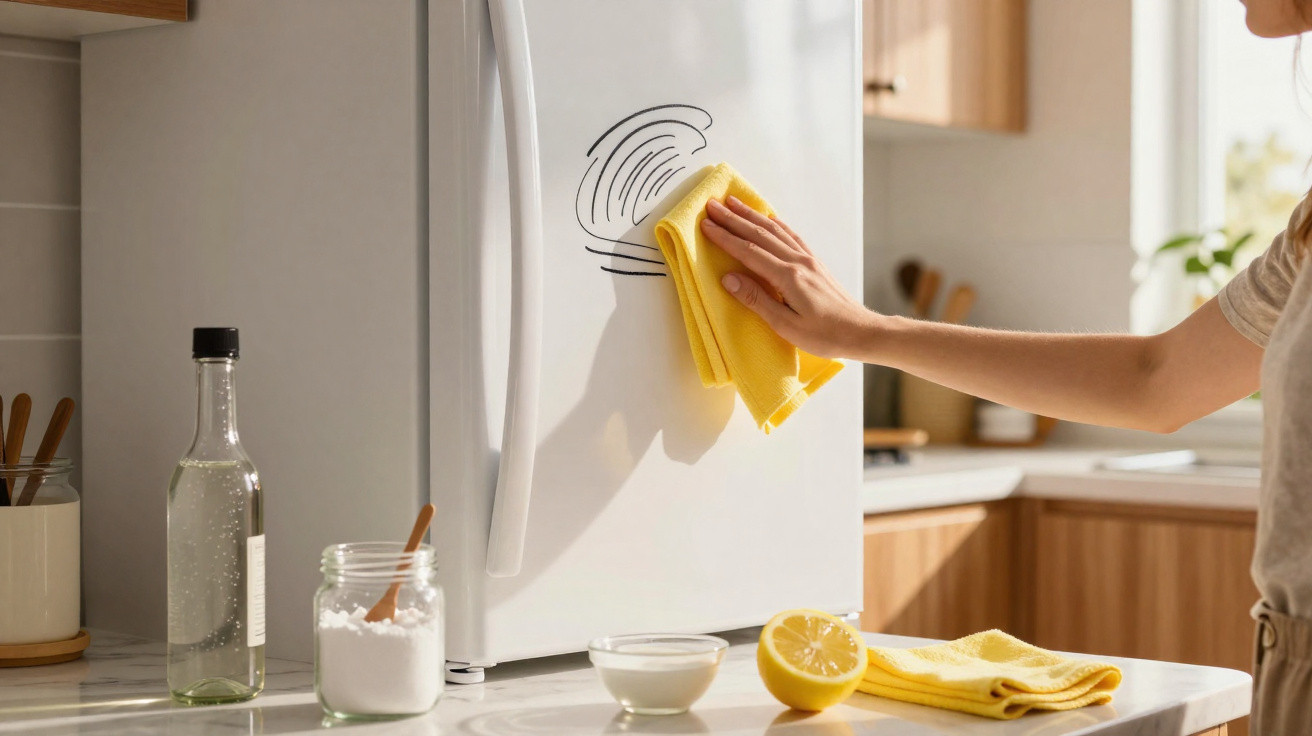 Pessoa a limpar a porta do frigorífico com um pano amarelo numa cozinha moderna com ingredientes naturais.