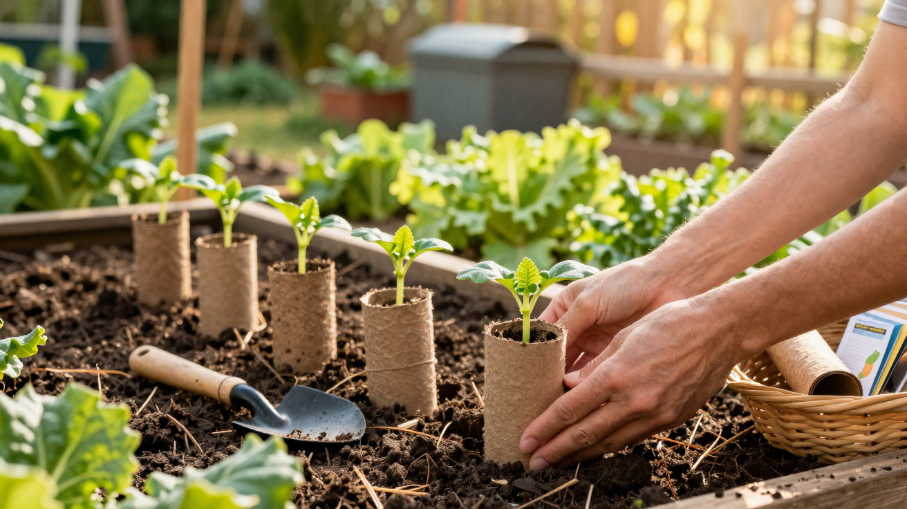 Mãos a transplantar pequenas plantas em vasos biodegradáveis numa horta com terra fértil e outras plantas.
