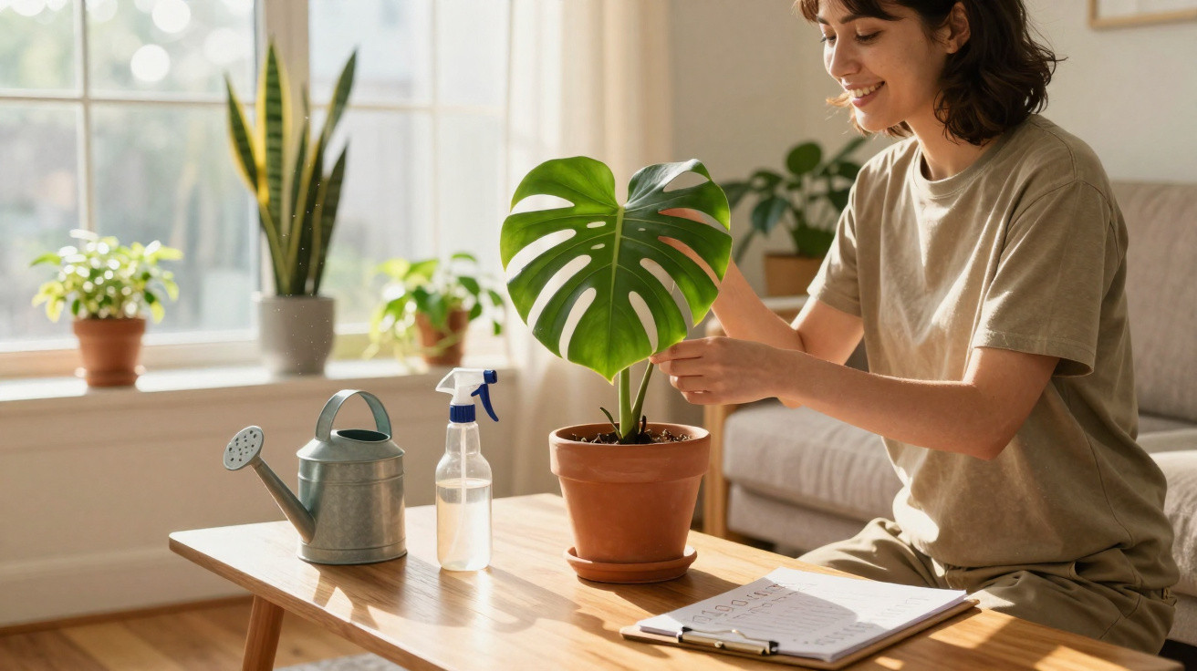 Pessoa sorridente cuida de planta numa sala iluminada, ao lado de regador e pulverizador numa mesa.