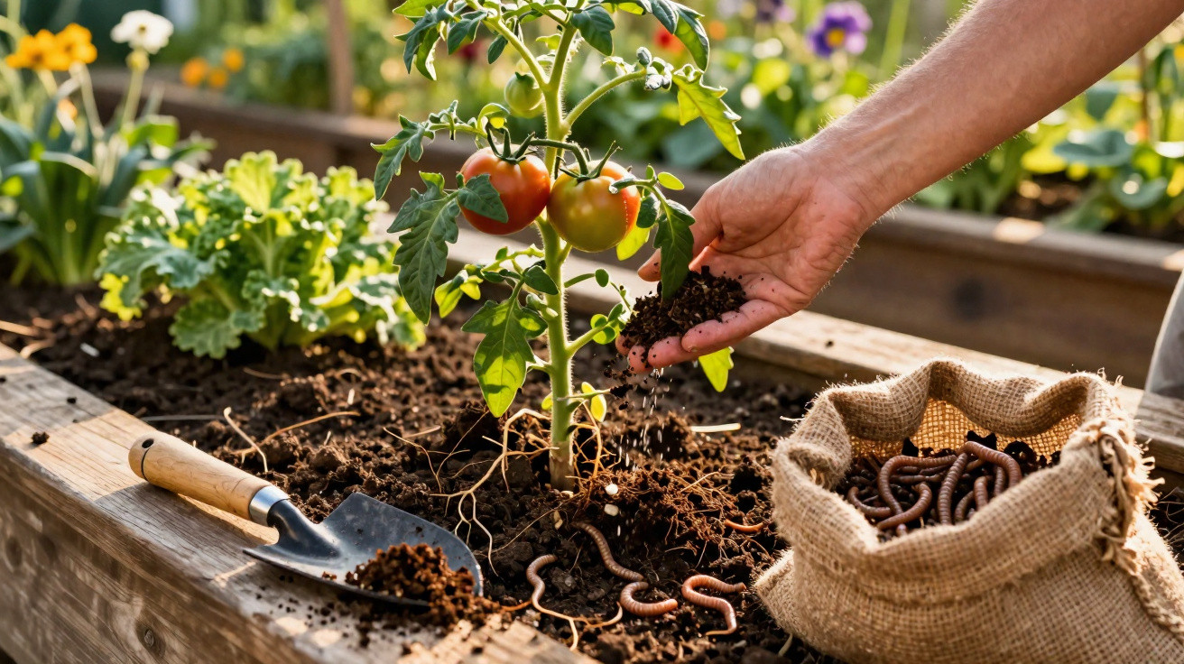 Mão a preparar terra com minhocas para planta de tomateira num canteiro de madeira rodeado de flores.