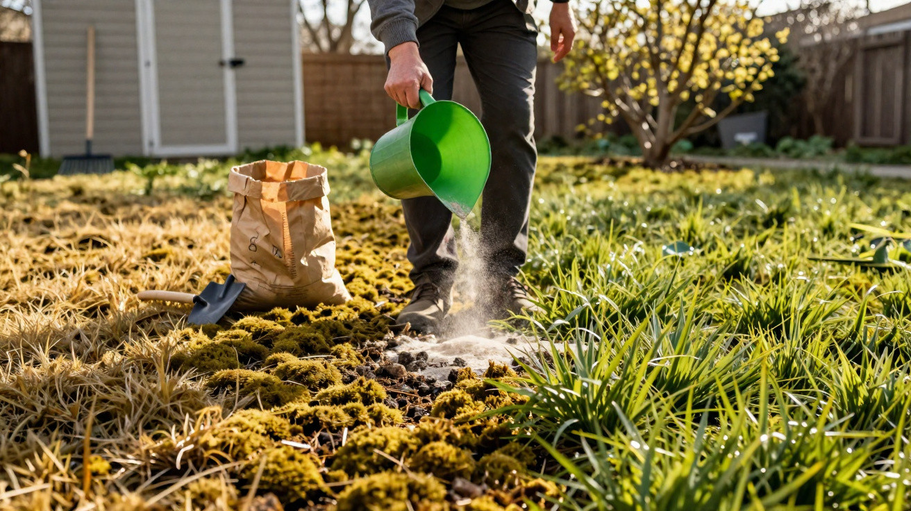 Pessoa a fertilizar o solo do jardim com regador verde, com saco de fertilizante e pá ao lado.