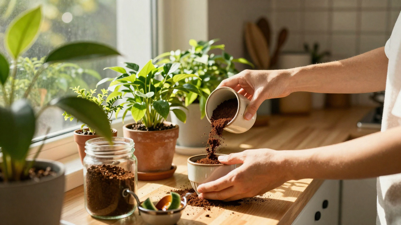 Pessoa a encher vaso com terra ao pé de plantas verdes junto a uma janela ensolarada.