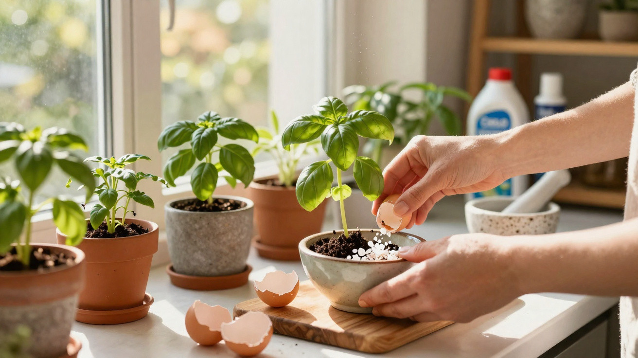 Mãos a aplicar casca de ovo esmagada como fertilizante em planta de manjericão a crescer em vaso na cozinha.