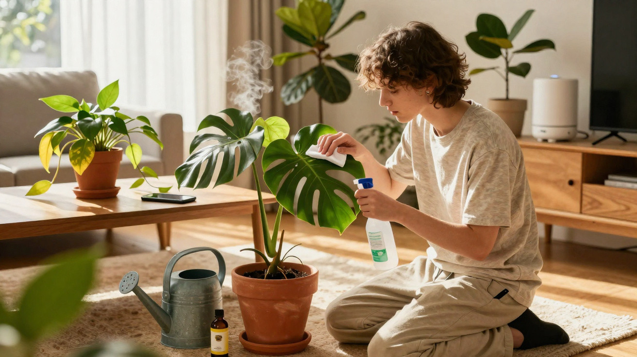 Pessoa a tratar de planta monstera num ambiente de casa com luz natural e objetos de jardinagem.