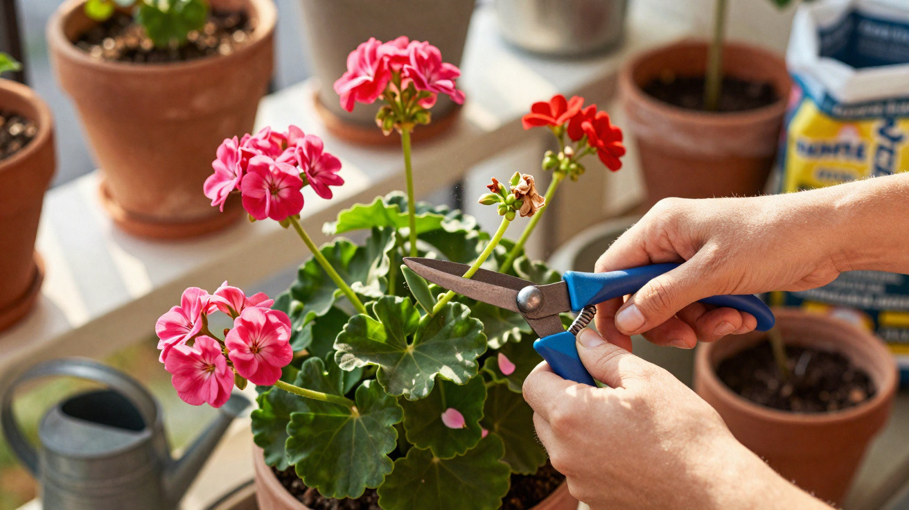 Pessoa a podar flores vermelhas de gerânio num vaso com tesoura de jardinagem.