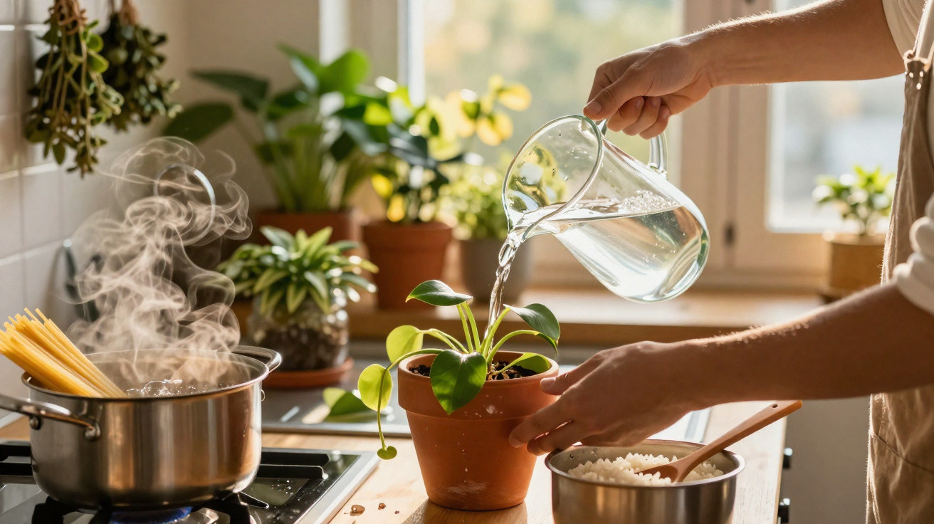 Pessoa a regar planta em vaso na cozinha, com panela de macarrão a ferver no fogão.