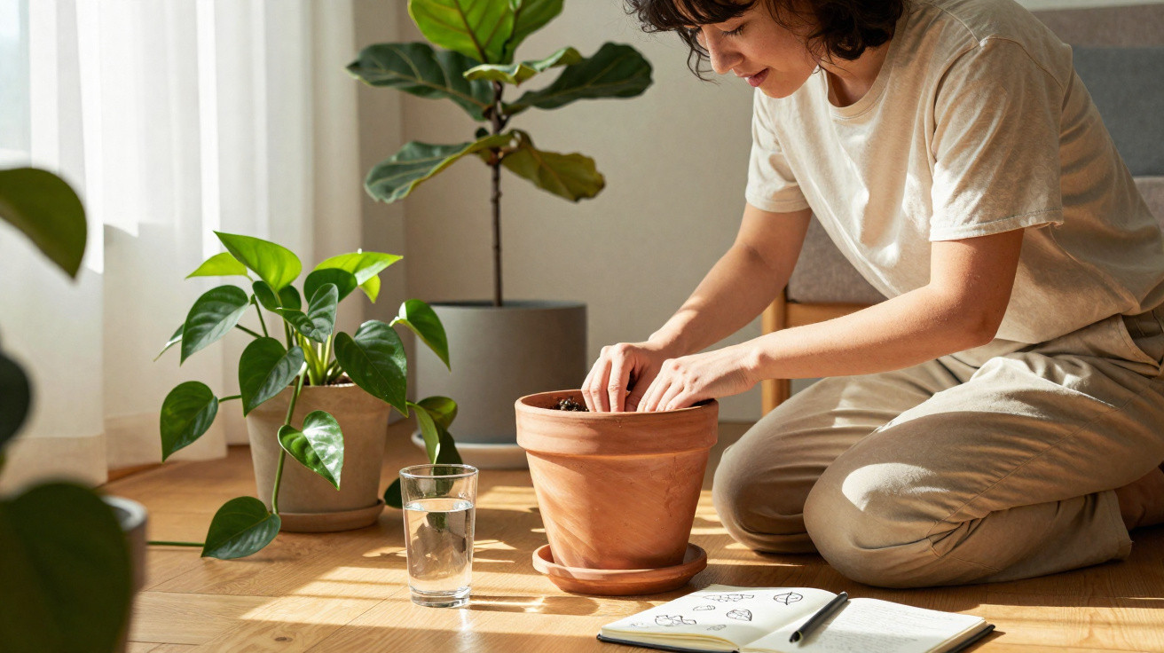 Pessoa a plantar sementes num vaso de barro junto a várias plantas e um caderno aberto no chão.