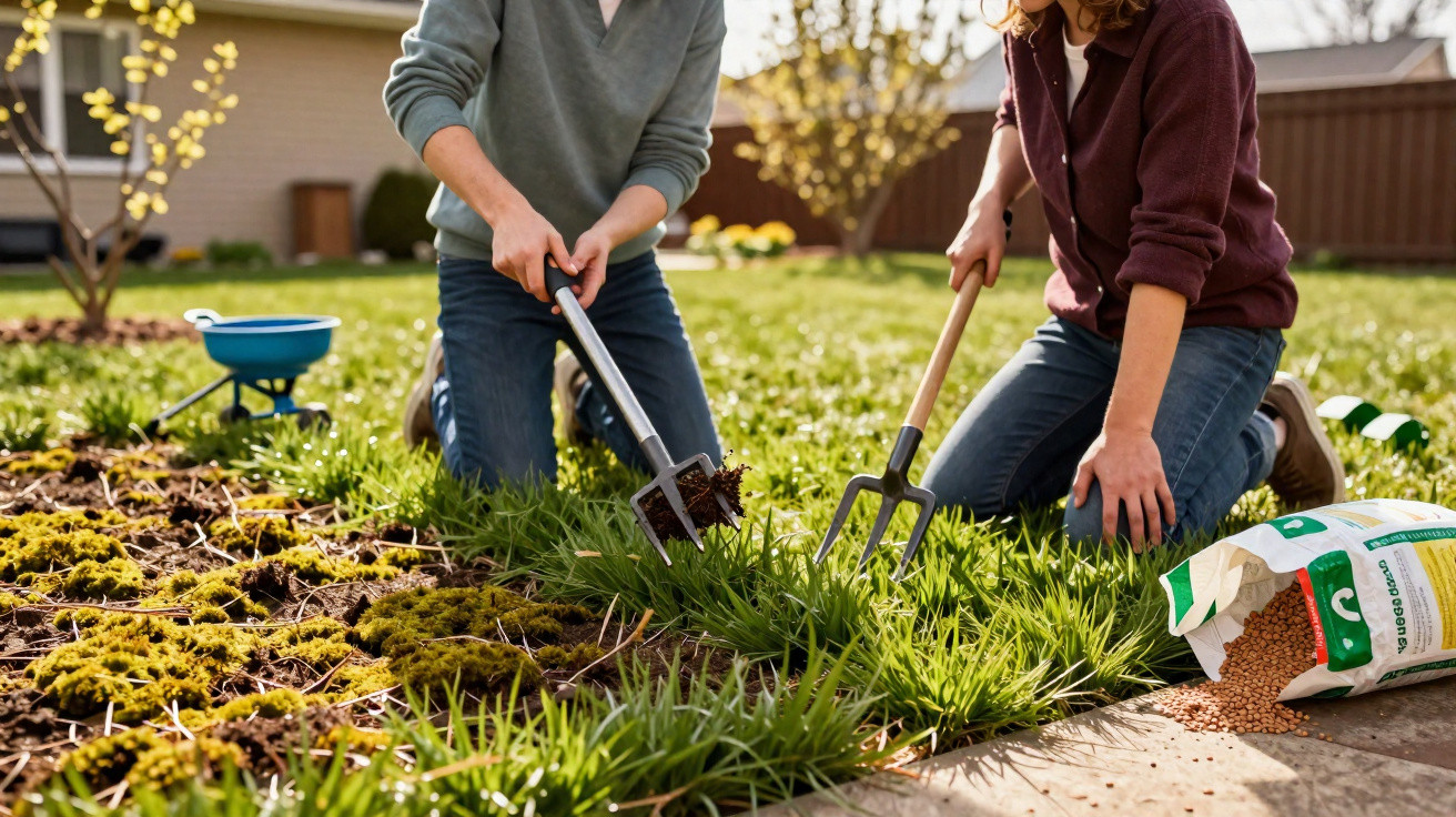 Duas pessoas a cultivar e preparar a terra de um jardim, com ferramentas e sementes espalhadas.