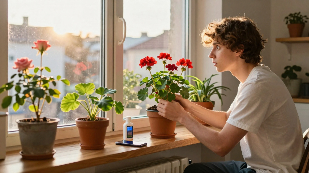 Jovem cuida de plantas floridas em vaso perto da janela numa sala iluminada pelo sol.
