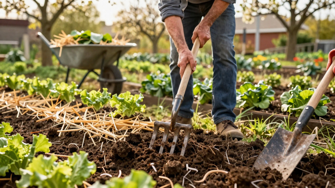 Pessoa a usar forcado para trabalhar a terra num jardim com alfaces em cultivo.