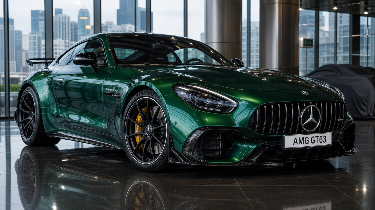 Carro desportivo Mercedes-Benz AMG GT63 verde com jantes pretas exposto numa sala moderna com vidros grandes.