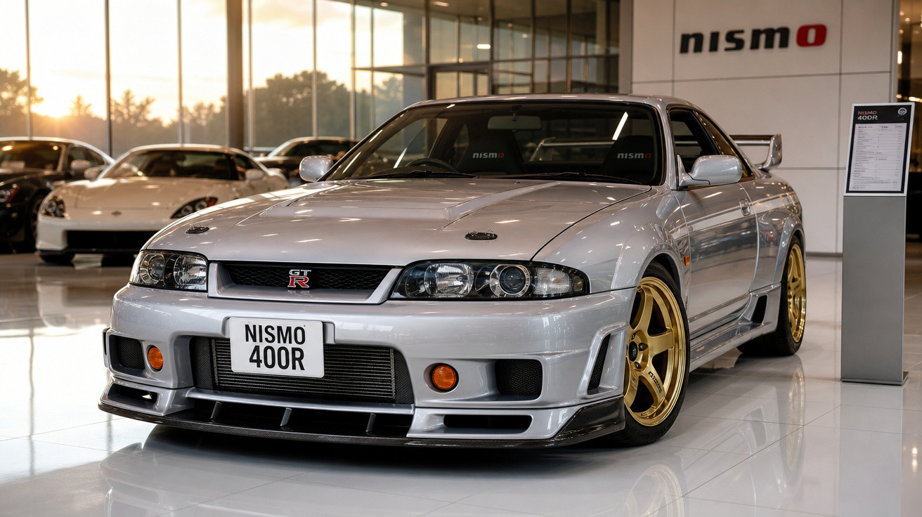 Carro desportivo Nissan Skyline GT-R Nismo 400R prateado com jantes douradas em showroom moderno.