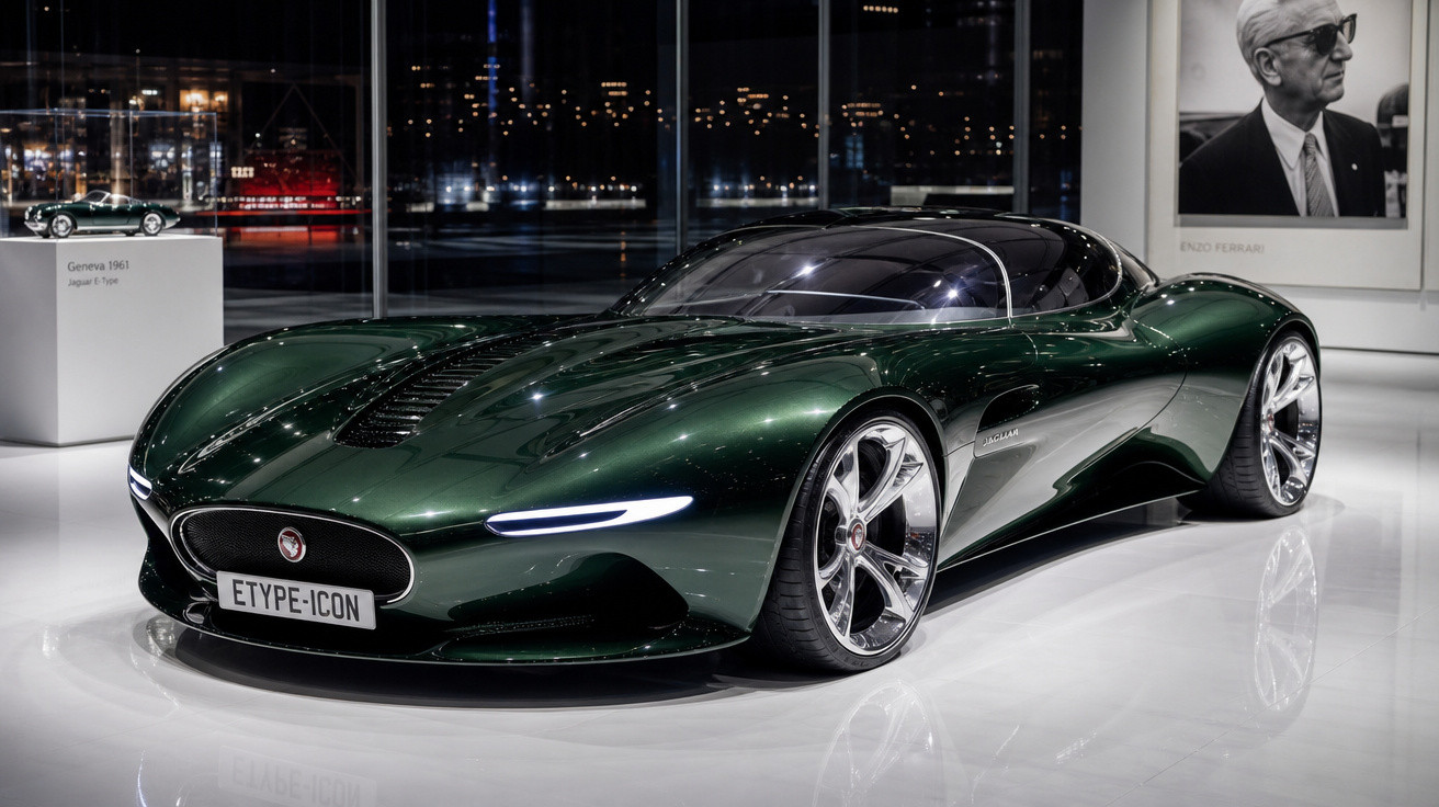 Carro desportivo Jaguar E-Type Icon verde brilhante exposto em salão com iluminação moderna.