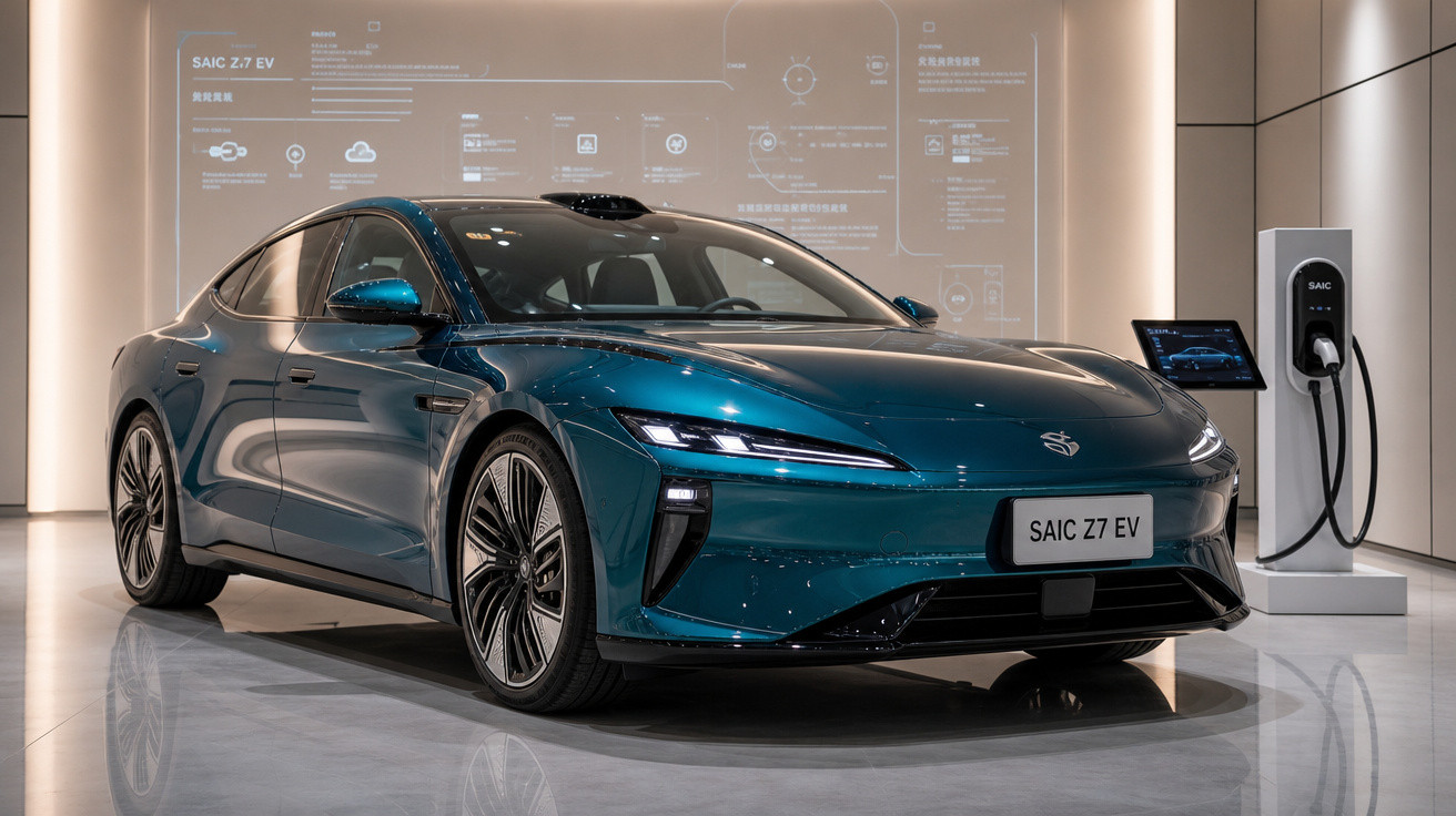 Carro elétrico SAIC Z7 EV azul num showroom moderno com estação de carregamento ao lado.