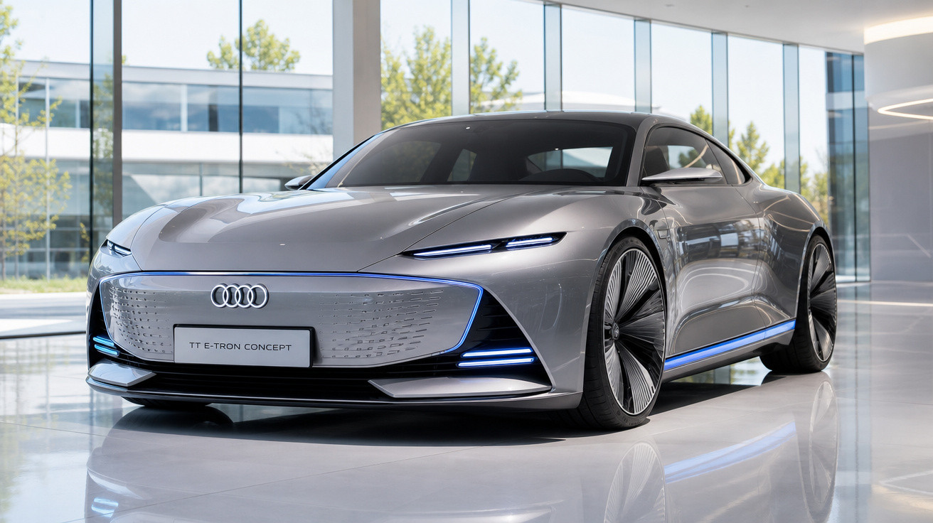 Carro conceito Audi TT E-Tron cinza prata em showroom moderno com luz natural e jantes aerodinâmicas.