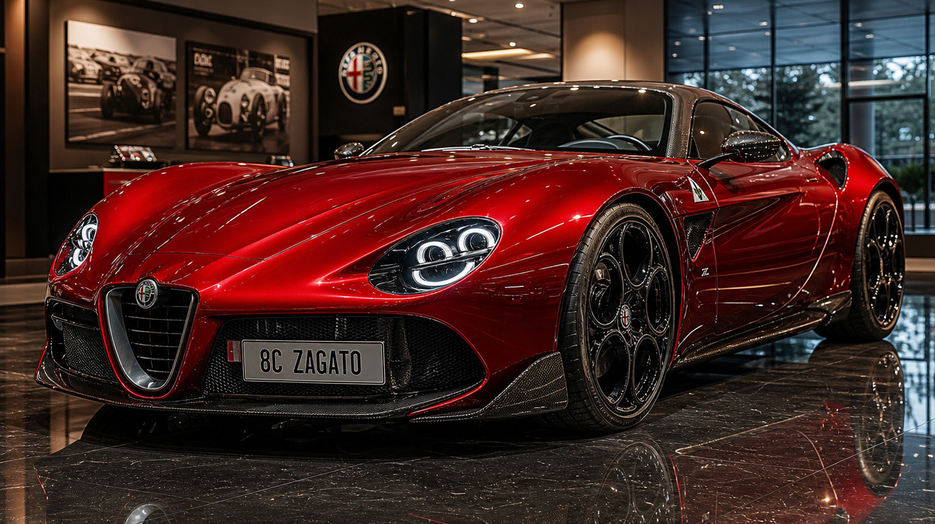 Carro desportivo vermelho Alfa Romeo 8C Zagato em exposição num salão moderno com chão refletor.