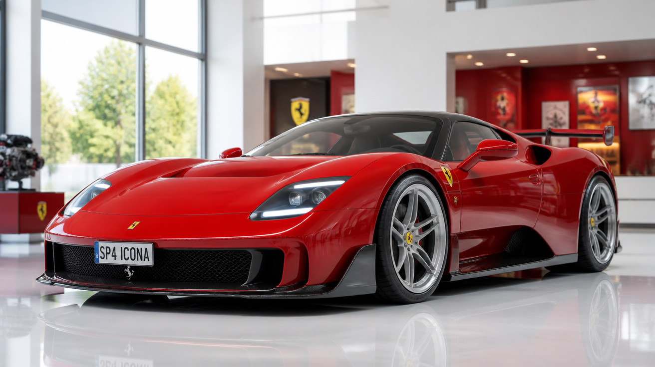 Ferrari SP4 Icona vermelha estacionada num showroom moderno com piso brilhante e janelas amplas.