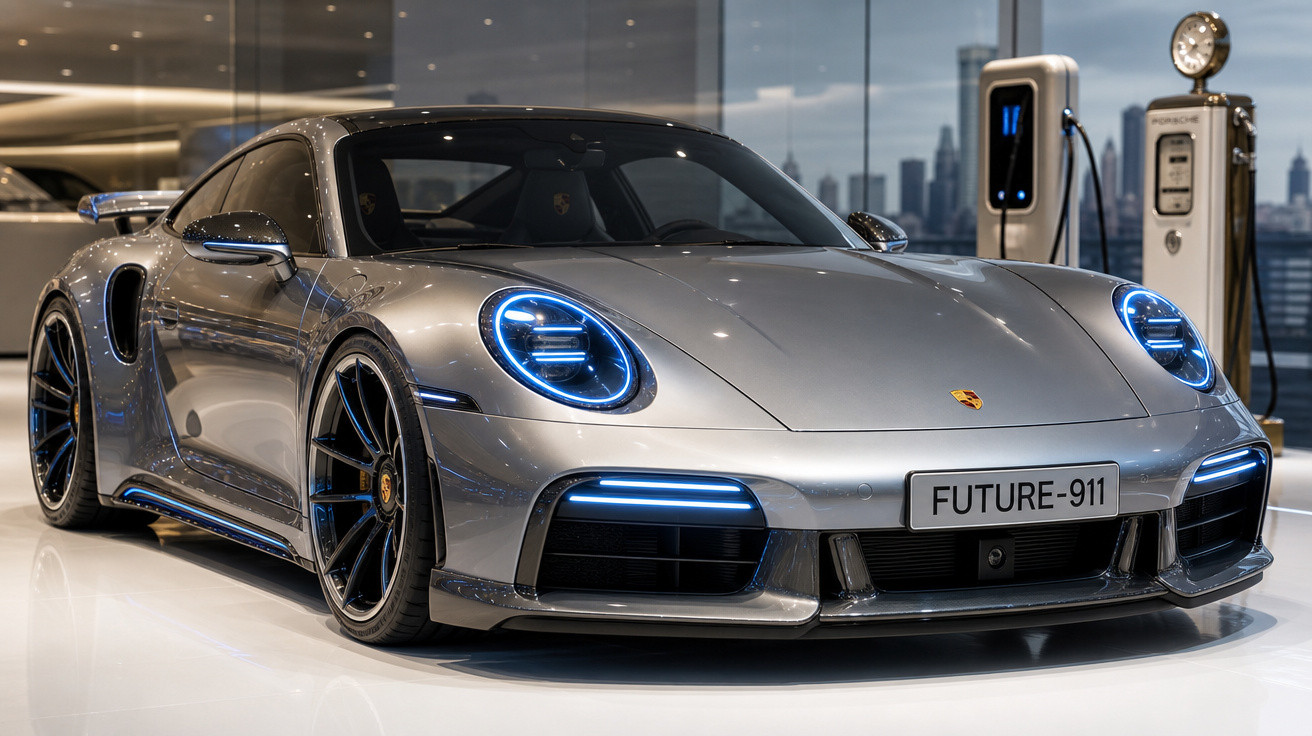 Carro desportivo Porsche cinzento metálico com faróis LED azuis em exposição interior.