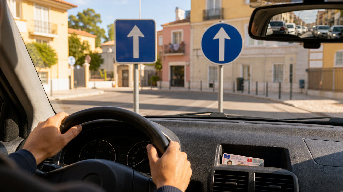 Vista interior de carro com mãos ao volante e sinais de trânsito a indicar sentido obrigatório em frente.