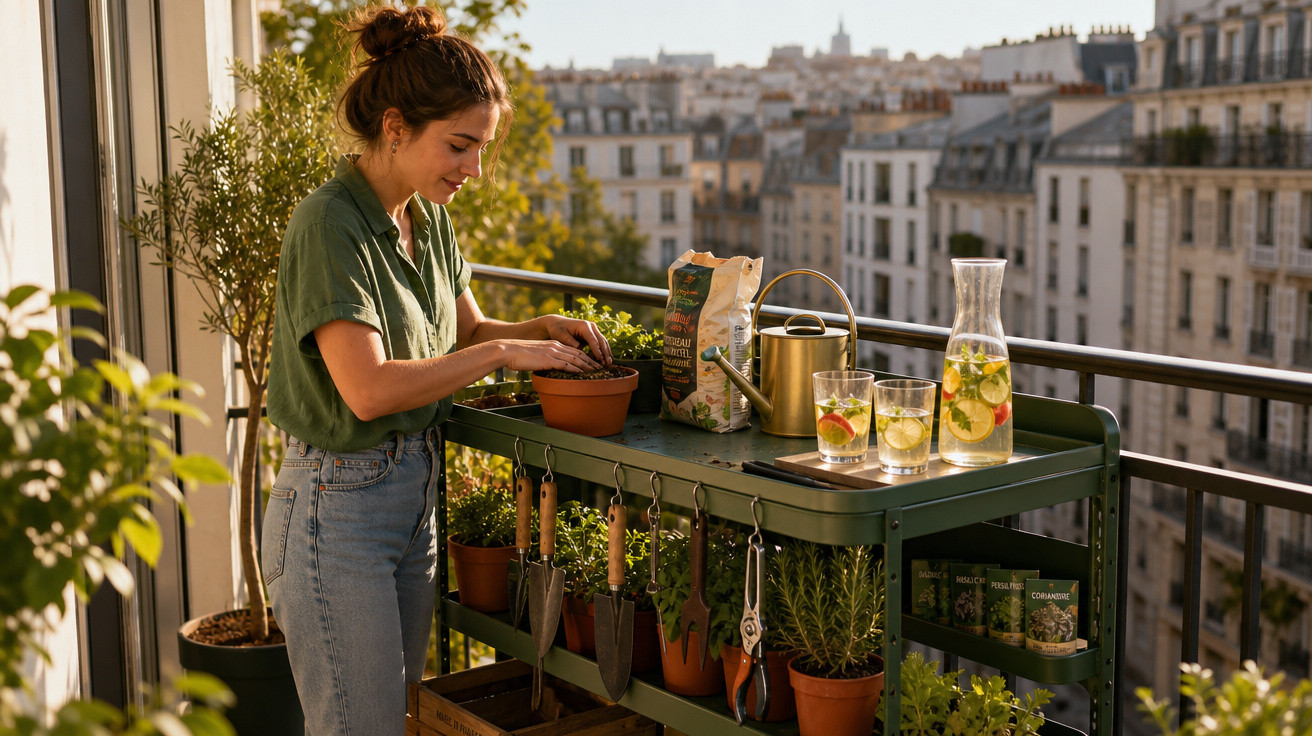 Mulher a cuidar de plantas num mini jardim urbano num balcão com vista para prédios de cidade.