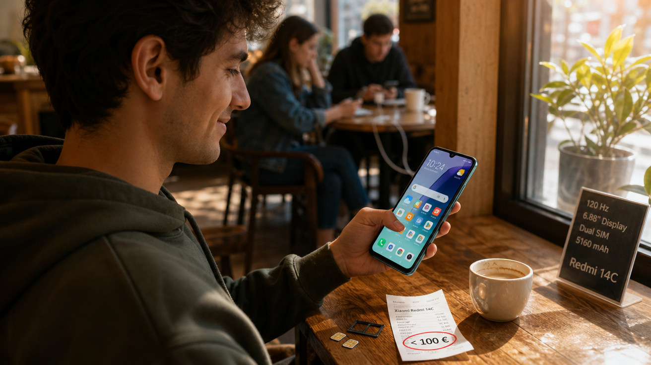 Homem numa cafetaria a usar smartphone Xiaomi Redmi 14C com preço inferior a 100 euros exibido em papel na mesa.