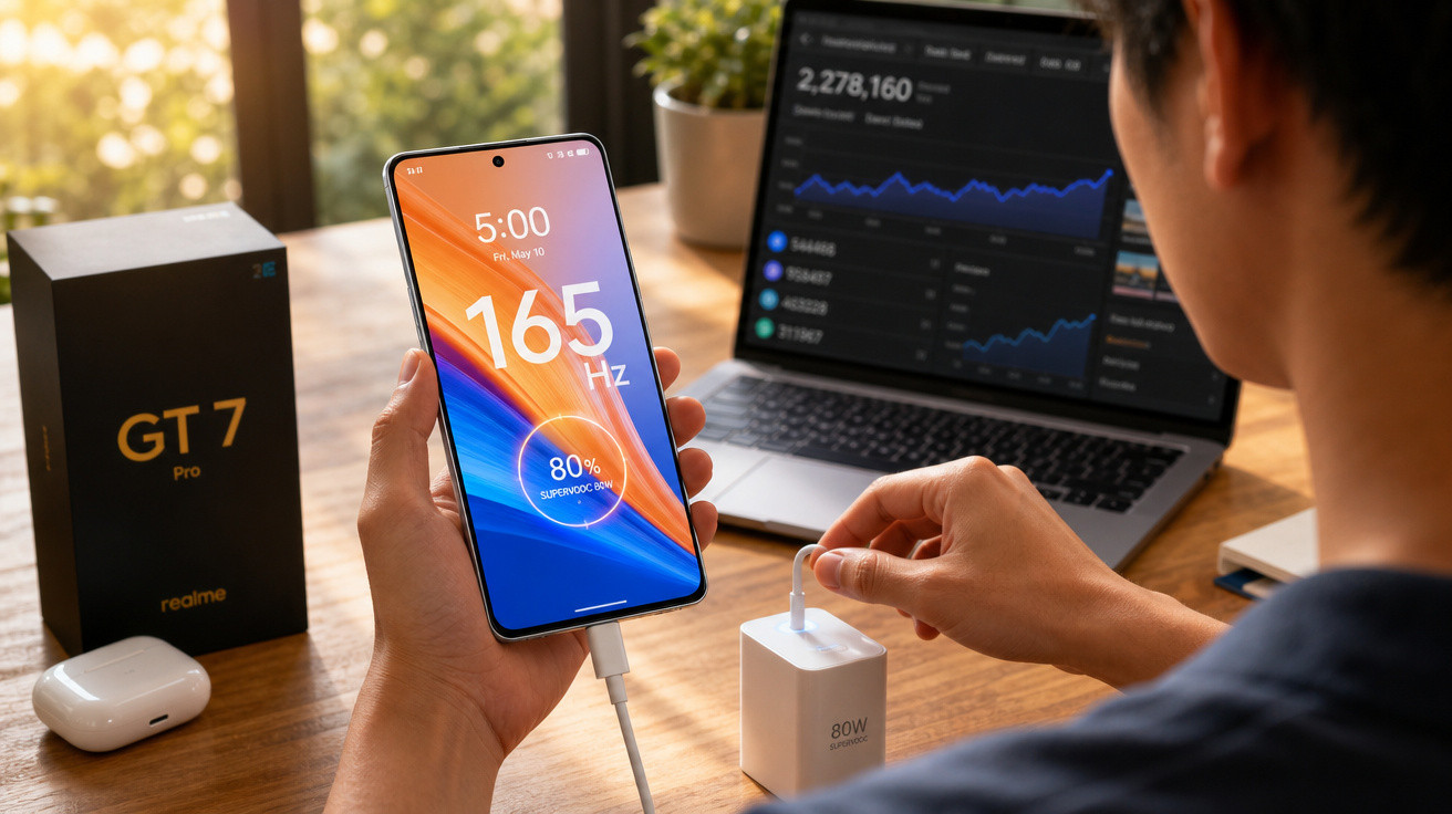 Pessoa a segurar smartphone realme GT 7 Pro a carregar, com computador portátil ao fundo e auscultadores na mesa.