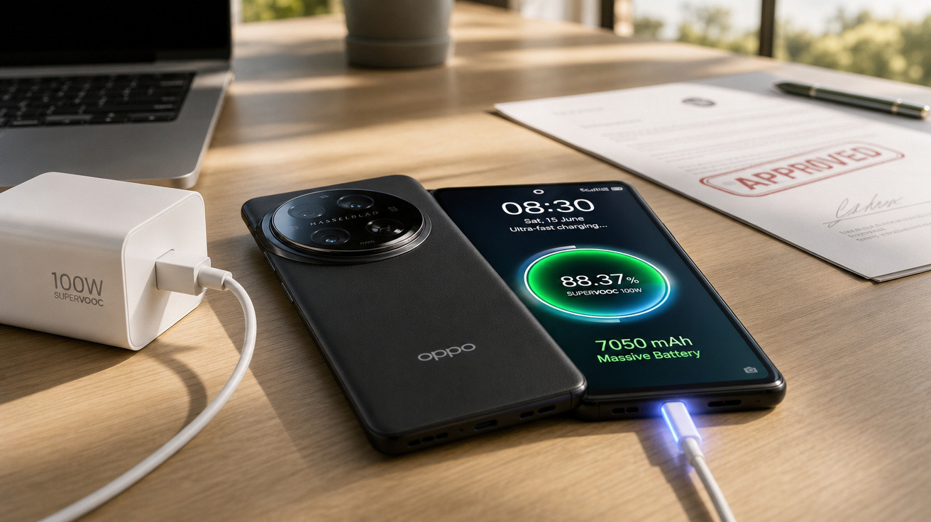 Smartphone OPPO preto a carregar com carregador branco de 100W sobre mesa de madeira, com portátil e documento ao fundo.
