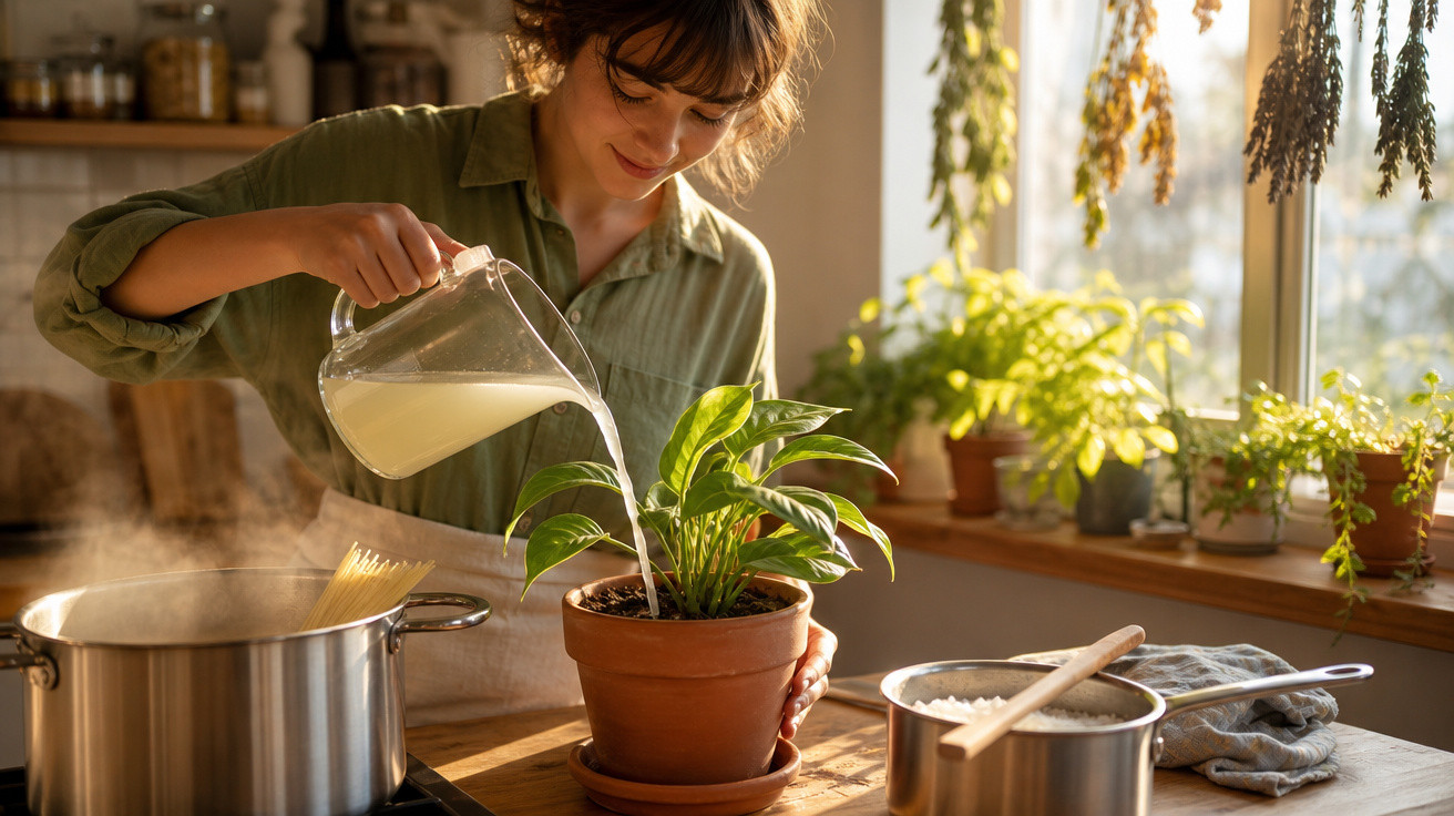 Mulher a regar planta com jarro enquanto cozinha numa cozinha solarenga com várias plantas.