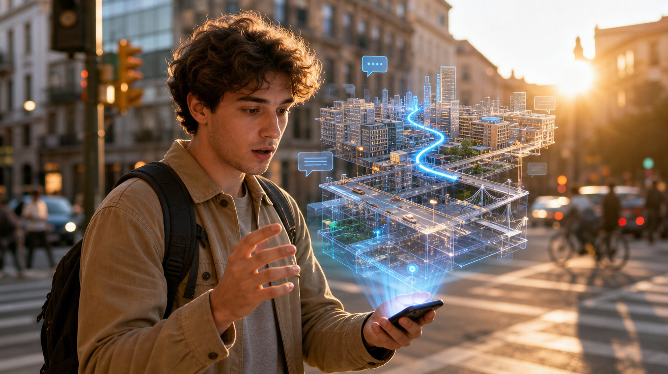 Jovem urbano interage com modelo 3D holográfico de cidade inteligente projetado a partir de telemóvel.