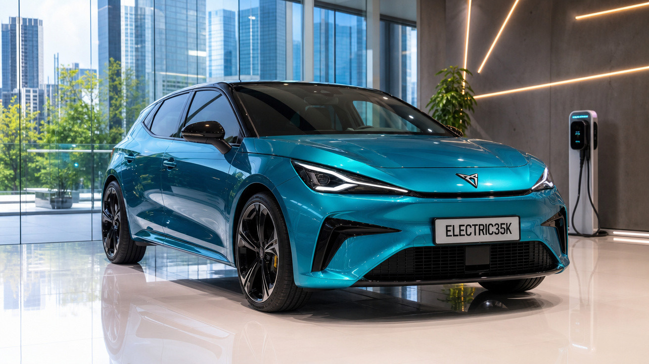 Carro elétrico azul moderno estacionado em showroom com cidade visível através das janelas amplas.