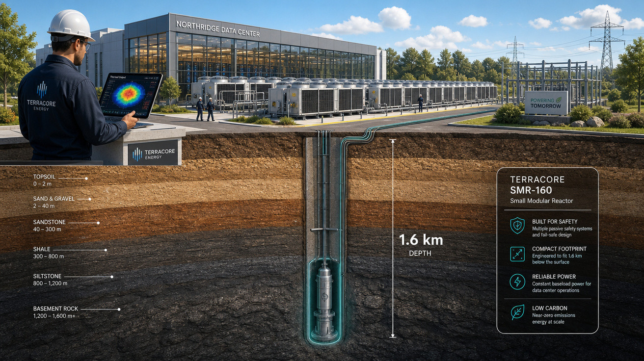 Imagem ilustrativa de centro de dados e reator modular subterrâneo a 1,6 km de profundidade, com camadas geológicas visíveis.