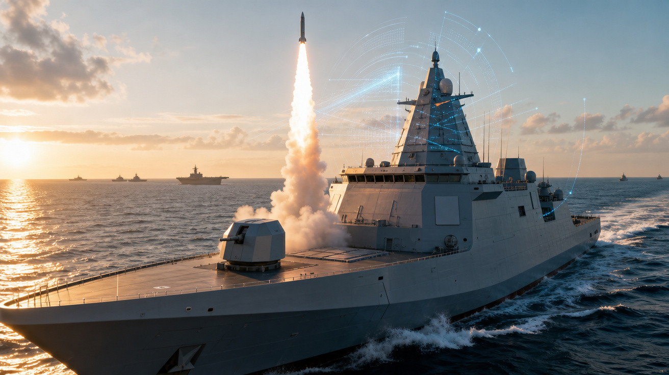 Fragata a lançar um míssil durante o pôr do sol no mar com outros navios no horizonte.