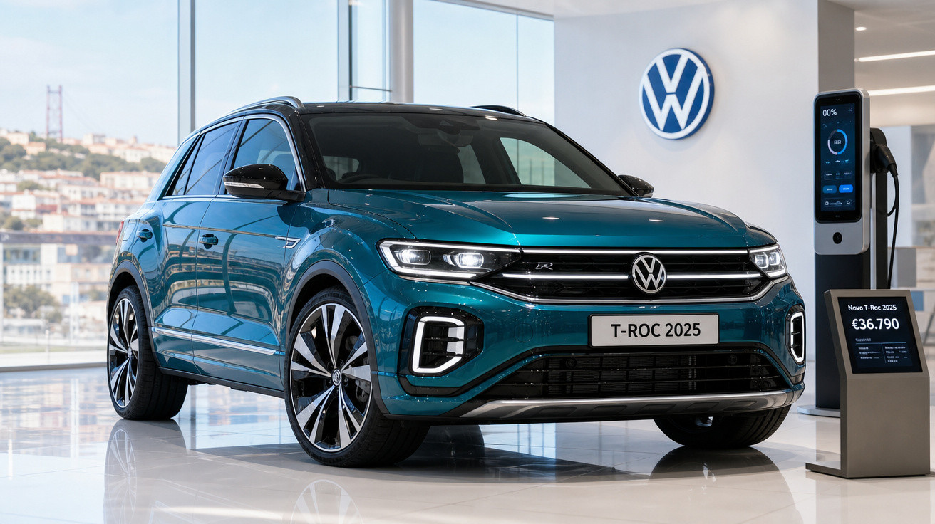 Volkswagen T-Roc 2025 azul exposto em showroom com carregador elétrico e painel de preço.