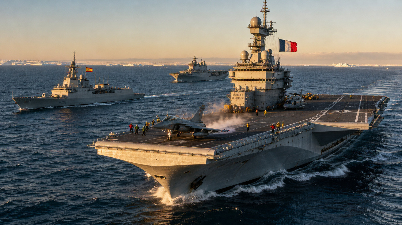 Porta-aviões francês com avião e tripulação no convés acompanhado por dois navios de guerra no mar ao pôr do sol.