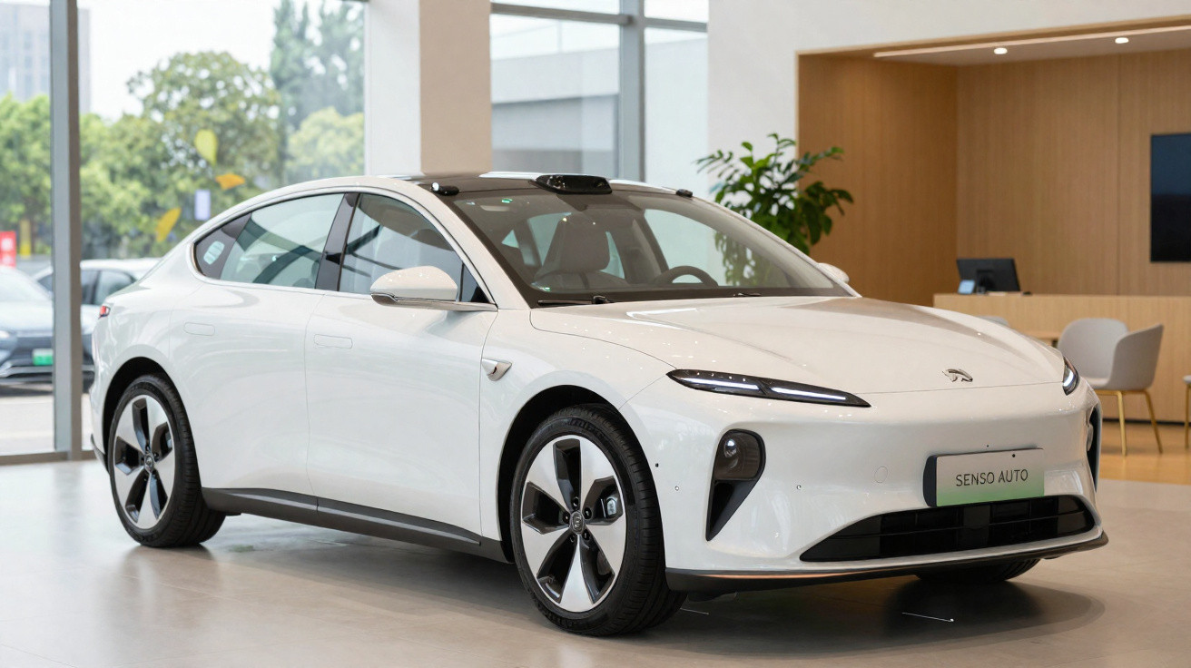 Carro elétrico branco moderno estacionado dentro de uma sala de exposição com janelas grandes.