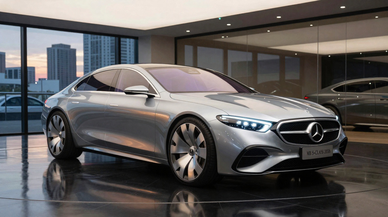 Carro elétrico Mercedes-Benz S-Class cinzento estacionado em showrooom moderno com janelas grandes.