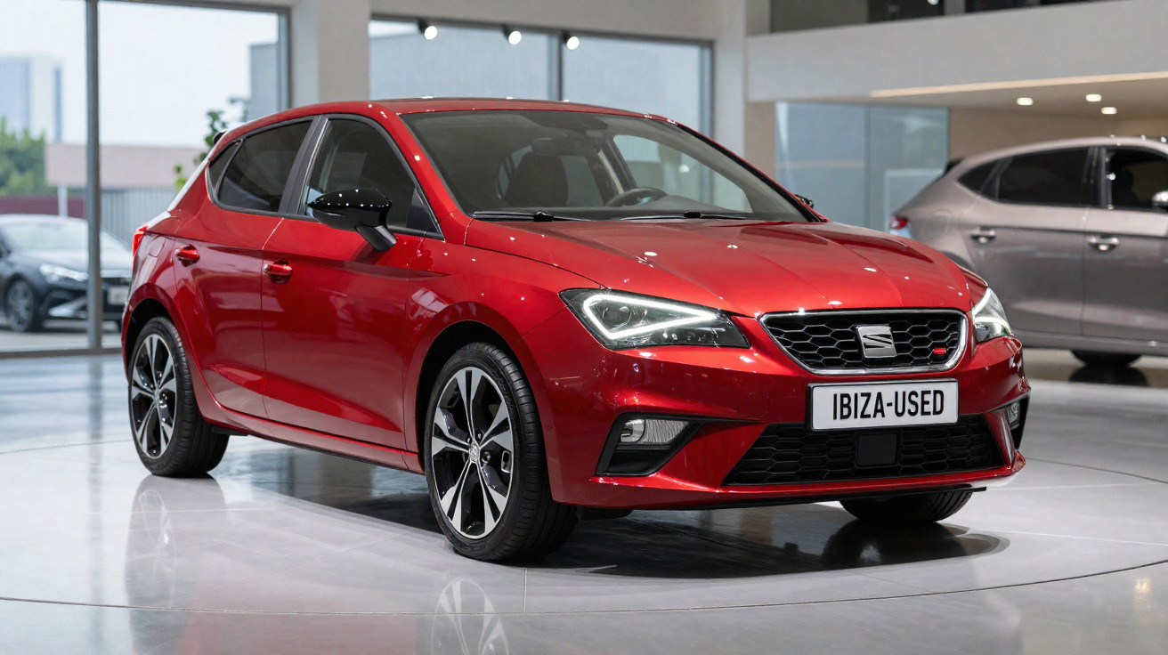 Carro Seat Ibiza vermelho estacionado em showroom, com faróis ligados e matrícula "IBIZA-USED".