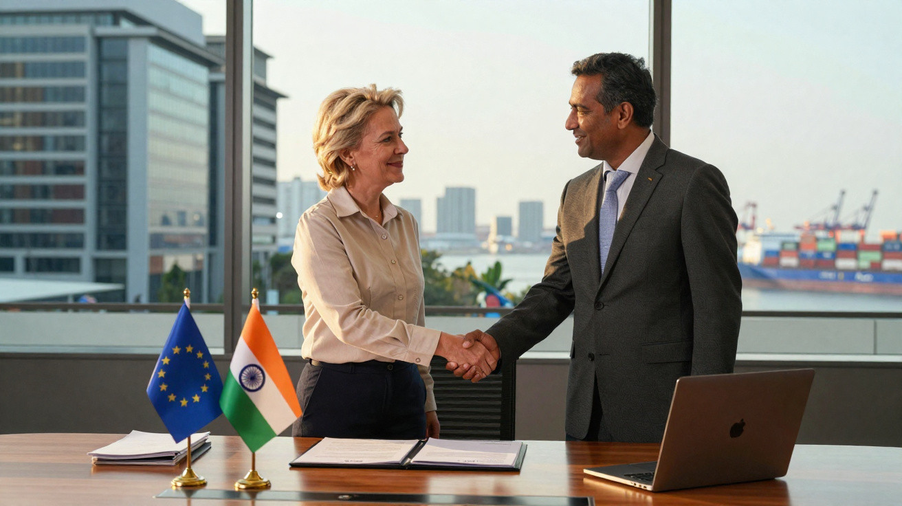 Duas pessoas em ambiente profissional a cumprimentarem-se com aperto de mão junto a uma mesa com bandeiras da União Europeia 