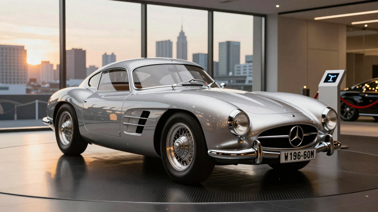Carro clássico Mercedes-Benz prata exibido em museu com cidade ao fundo ao pôr do sol.