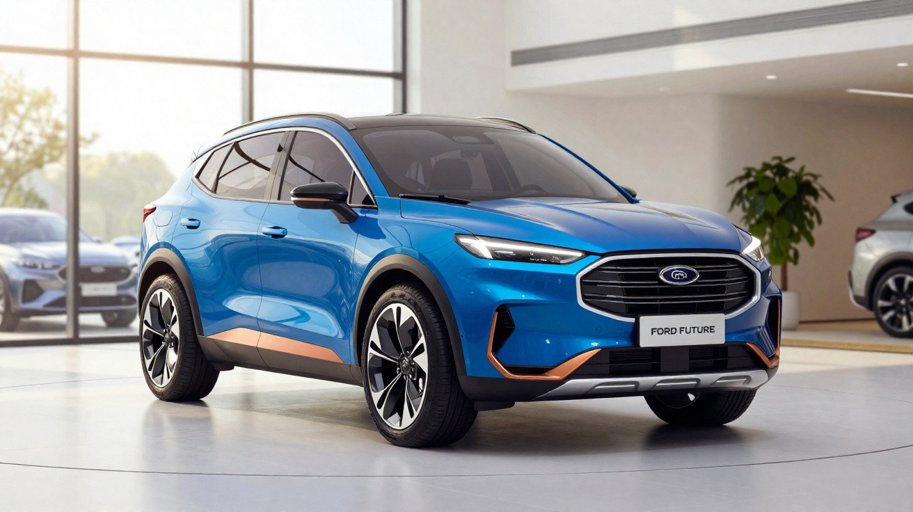 SUV Ford Future azul com detalhes laranja em exposição numa sala moderna e luminosa.