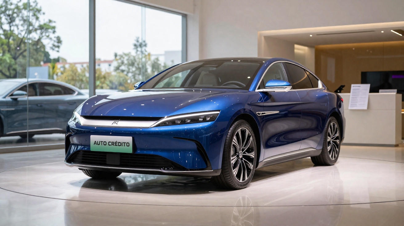 Carro elétrico azul exposto em showroom com chão polido e paredes brancas, placa "AUTO CRÉDITO".
