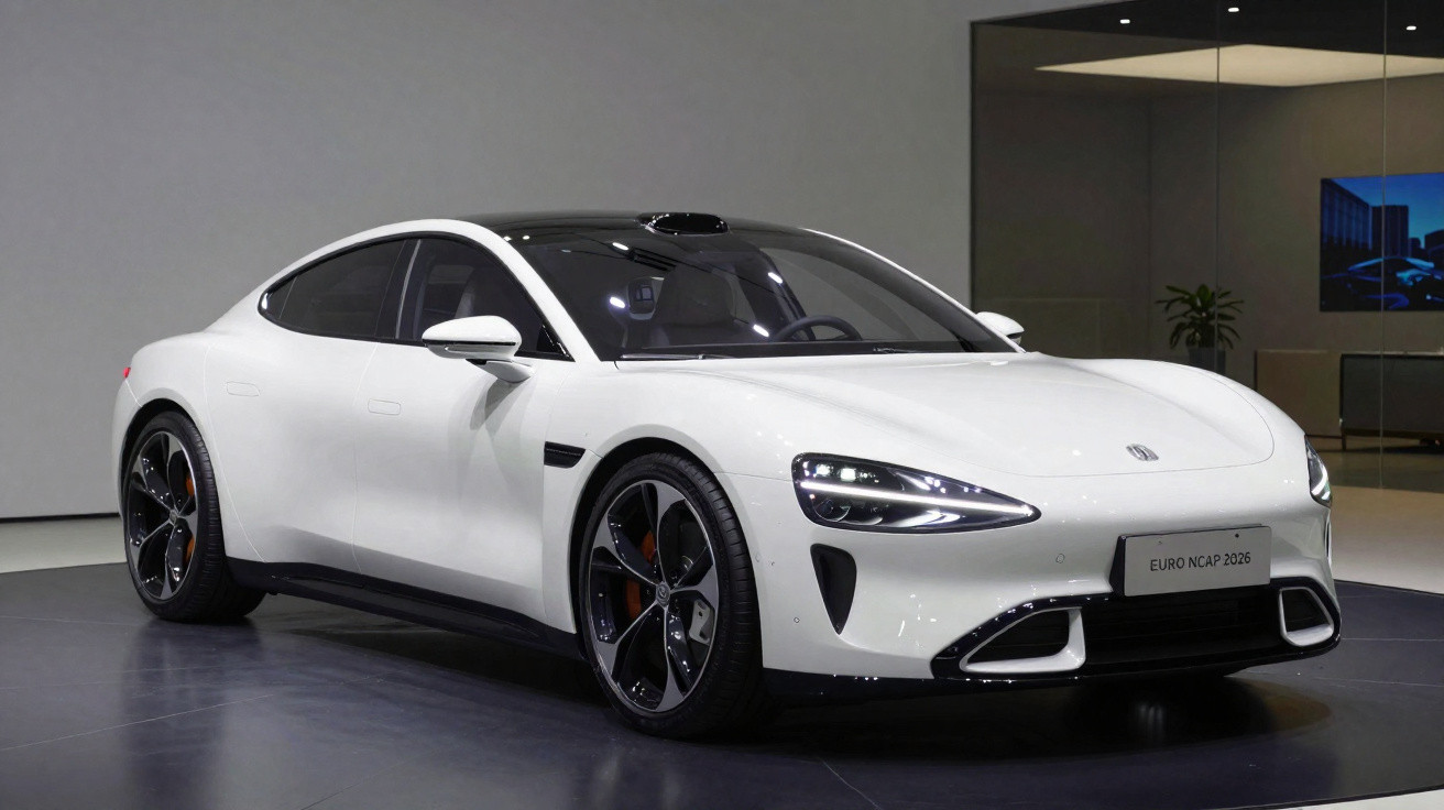Carro elétrico desportivo branco exposto numa sala moderna com iluminação suave.