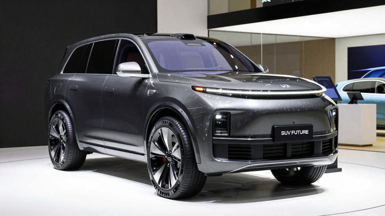 SUV cinzento moderno em exposição com design futurista e superfícies lisas, com luzes LED e jantes grandes.